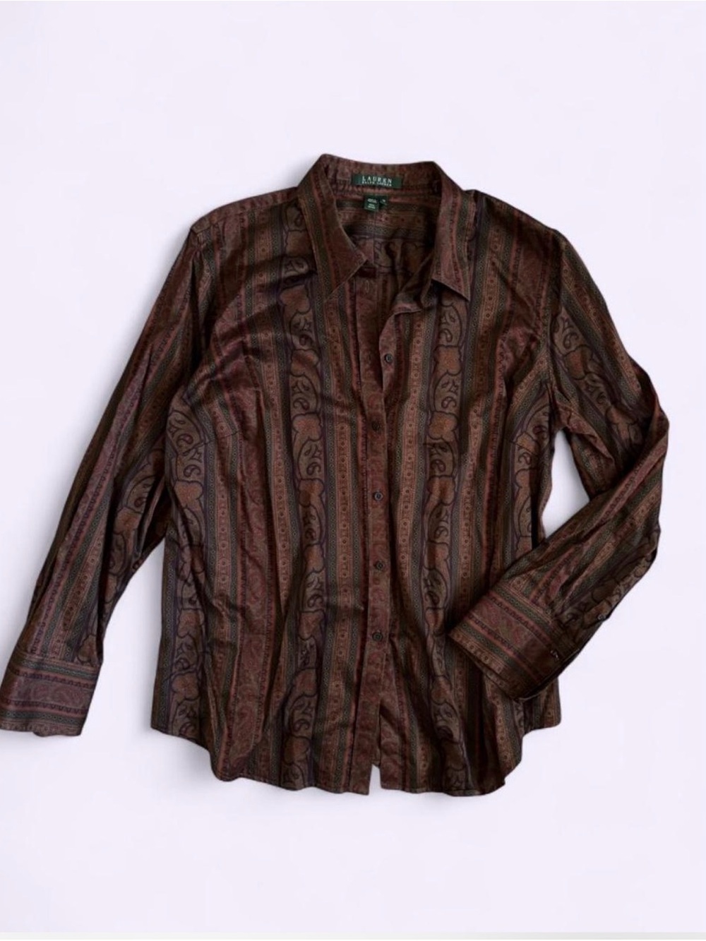 Vintage Ralph Lauren Paisley Button Up Shirt Brown 100% Cotton Old Money Preppy